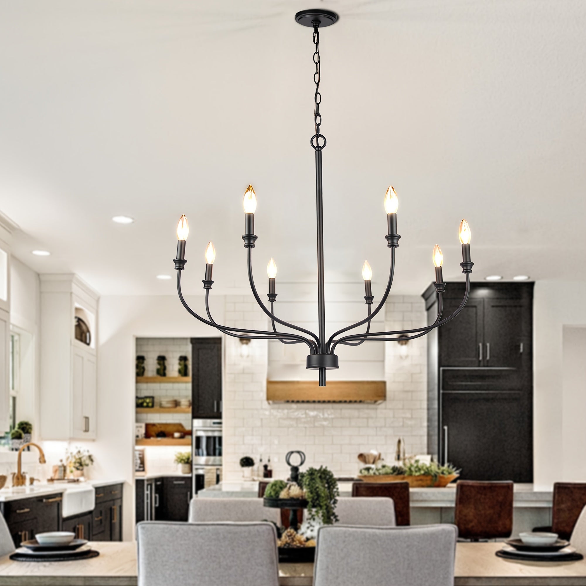 Modern Black Chandelier, 8-Light Farmhouse Chandelier For Dining Room Light Fixtures, Industrial Metal Candle Chandelier For Kitchen Island Bedroom