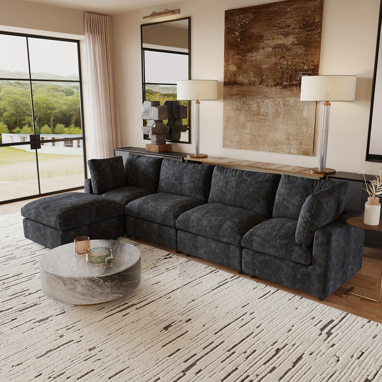 Montclair 134” Modular Lounge Sofa | Oversized L-Shape with Ottoman