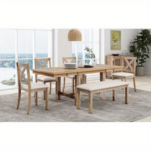 Thompson 6 - Piece Farmhouse Dining Set - 82" Extendable Table with Footrest, 4 Upholstered Chairs & Bench, Natural beige Cushions - solid wood furniture by Chic Woods