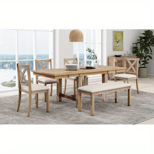 Thompson 6-Piece Farmhouse Dining Set- 82" Extendable Table with Footrest, 4 Upholstered Chairs & Bench, Natural beige Cushions