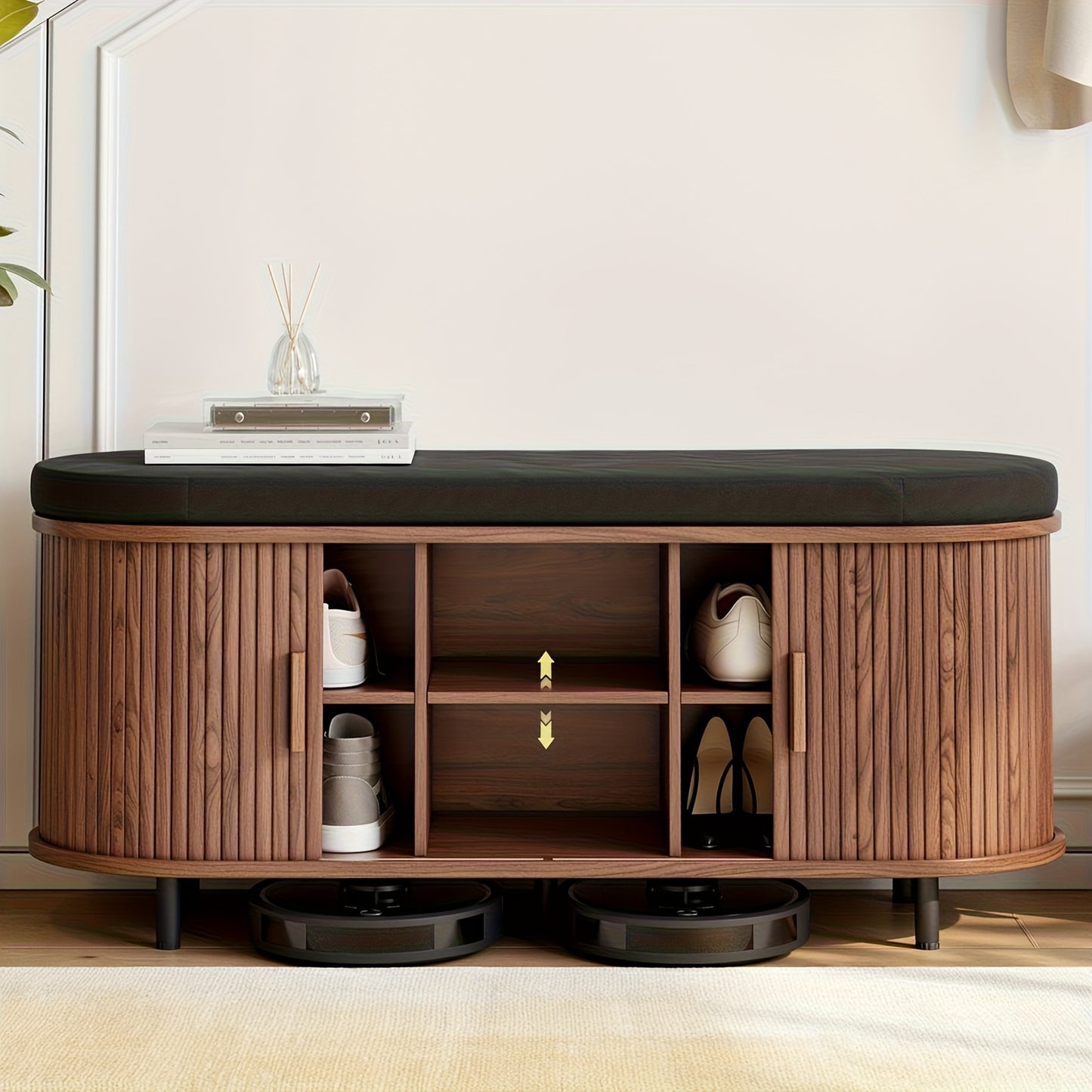 Arlington Walnut Entryway Bench with Sliding Door Shoe Storage