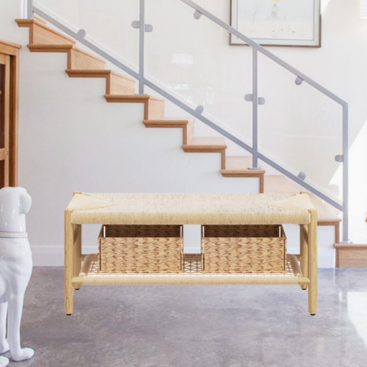 Cambria Rattan Storage Bench | 39” Woven Seat with Baskets