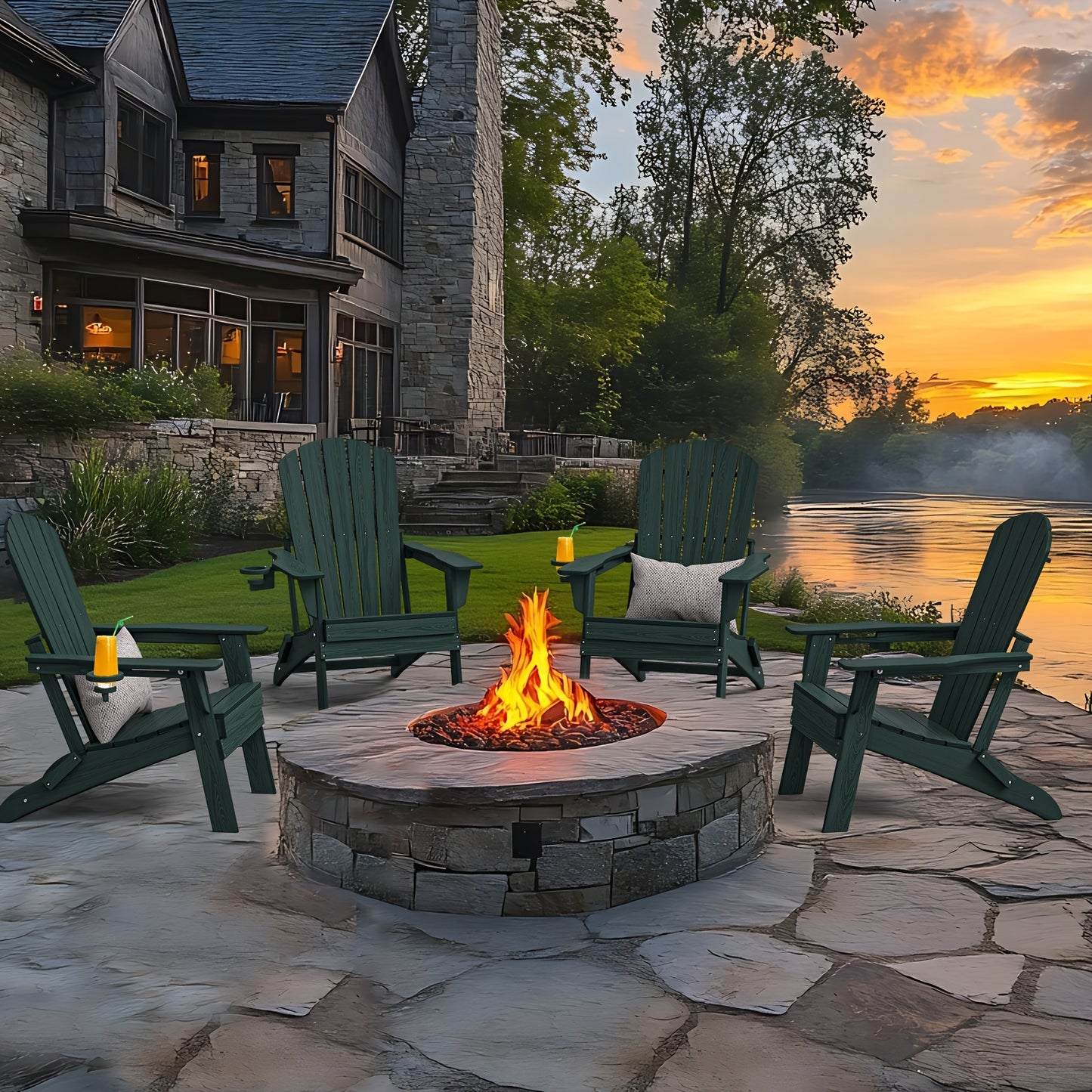 HDPE Folding Adirondack Chair 4Pack/6Pack, All-Weather Fire Pit Chairs with Cup Holder, Outdoor Lawn Chair for Patio Garden
