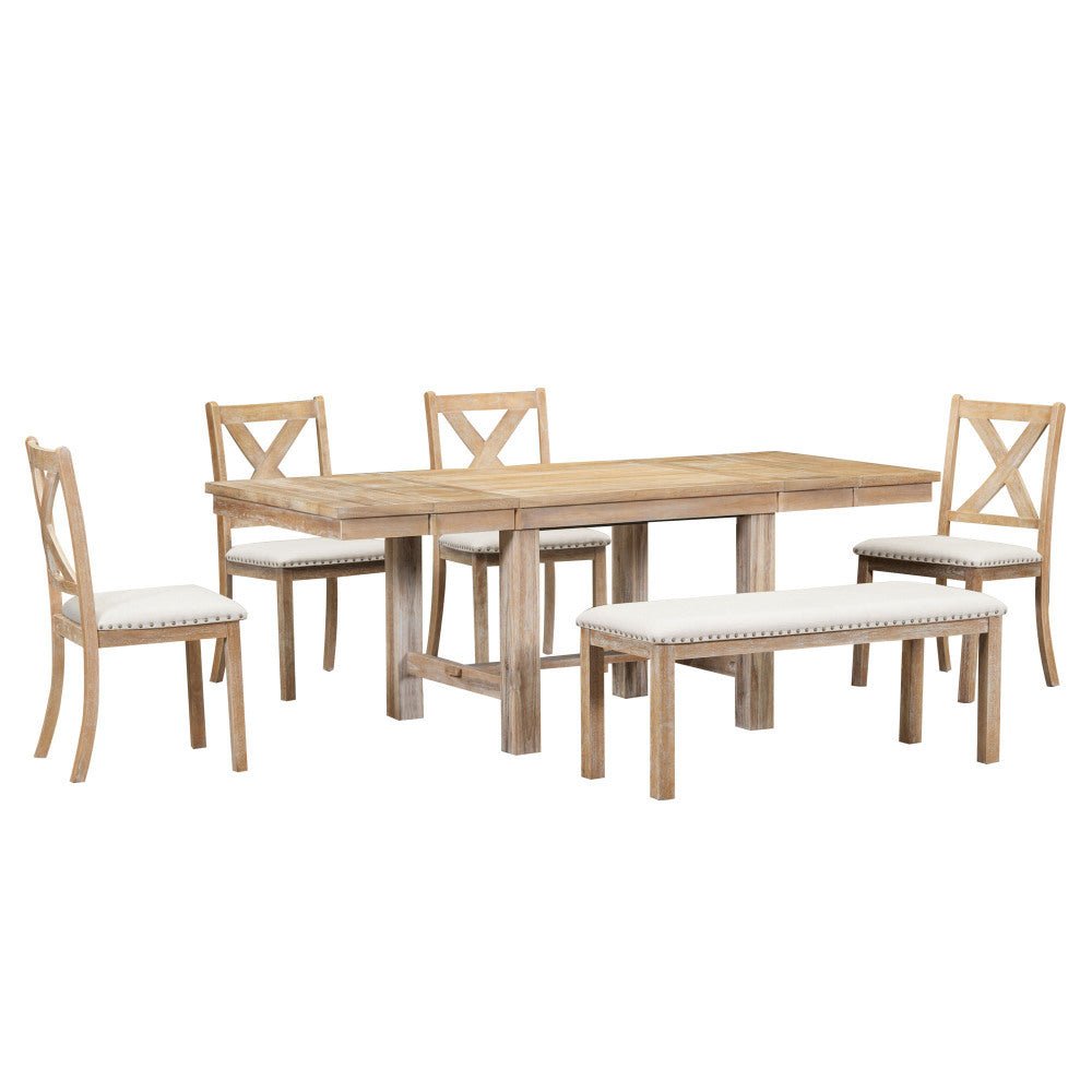 Thompson 6 - Piece Farmhouse Dining Set - 82" Extendable Table with Footrest, 4 Upholstered Chairs & Bench, Natural beige Cushions - solid wood furniture by Chic Woods