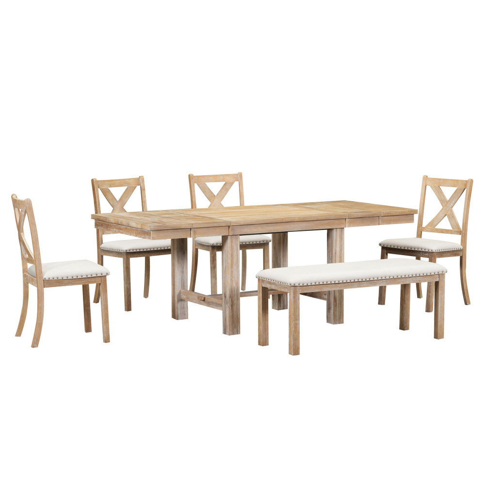 Thompson 6-Piece Farmhouse Dining Set- 82" Extendable Table with Footrest, 4 Upholstered Chairs & Bench, Natural beige Cushions