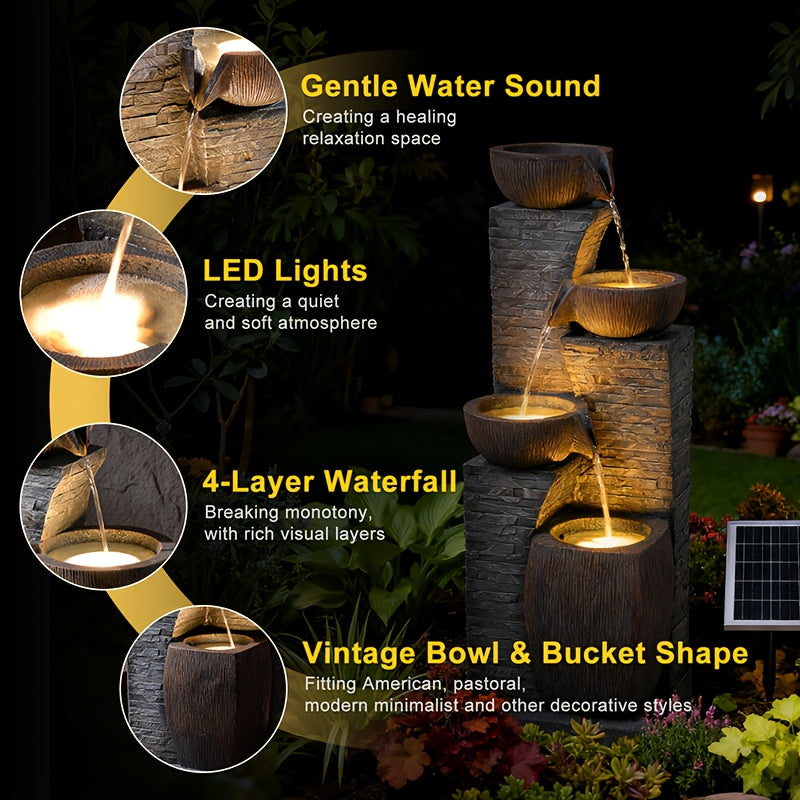 38.2" Solar Powered Water Fountain | 4 Tiers Modern Cascading Bowls and Stacked Stones with LED Lights, Grey Resin, Charging, Removable Battery — Ideal for Garden, Patio, Deck, Porch, Backyard, Lawns