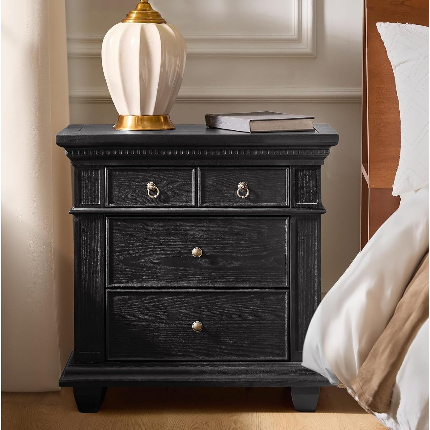 Walnut Nightstand with Charging Station & 3 Drawers