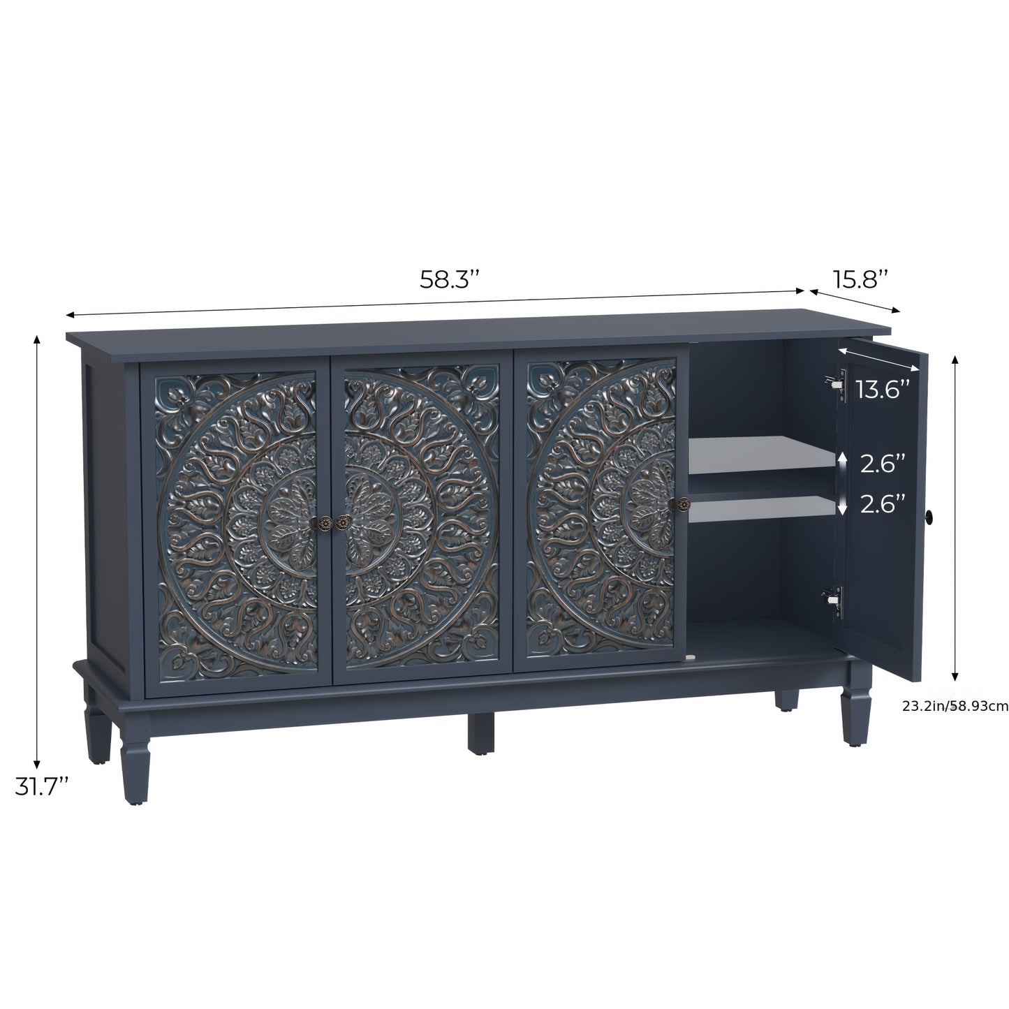59" Modern Sideboard Buffet Cabinet | Carved and Painted Floral Door Panel, Adjustable Shelves, 4-Door Wood Storage Cabinet Suitable for Entryway, Dining Room, Living Room, Bedroom, TV Console, Hardwood, Assembly Required