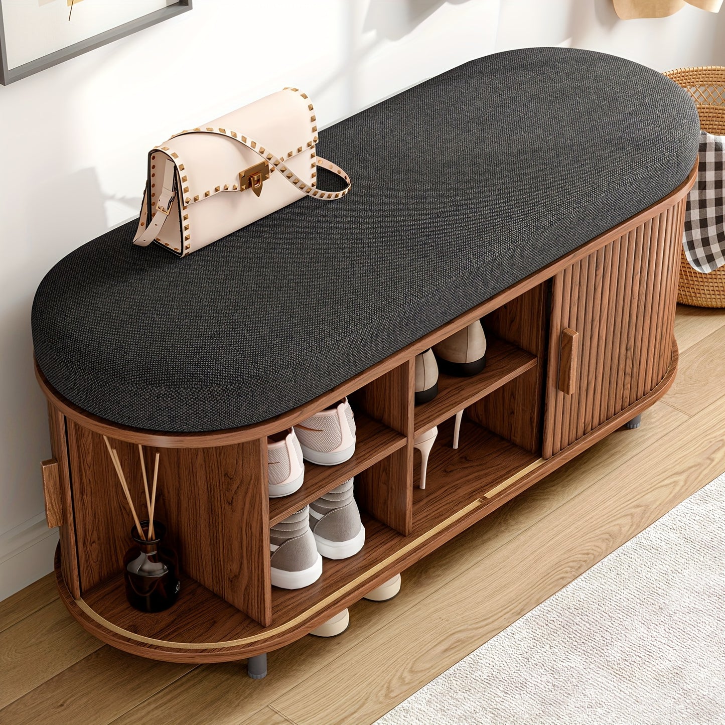 Arlington Walnut Entryway Bench with Sliding Door Shoe Storage