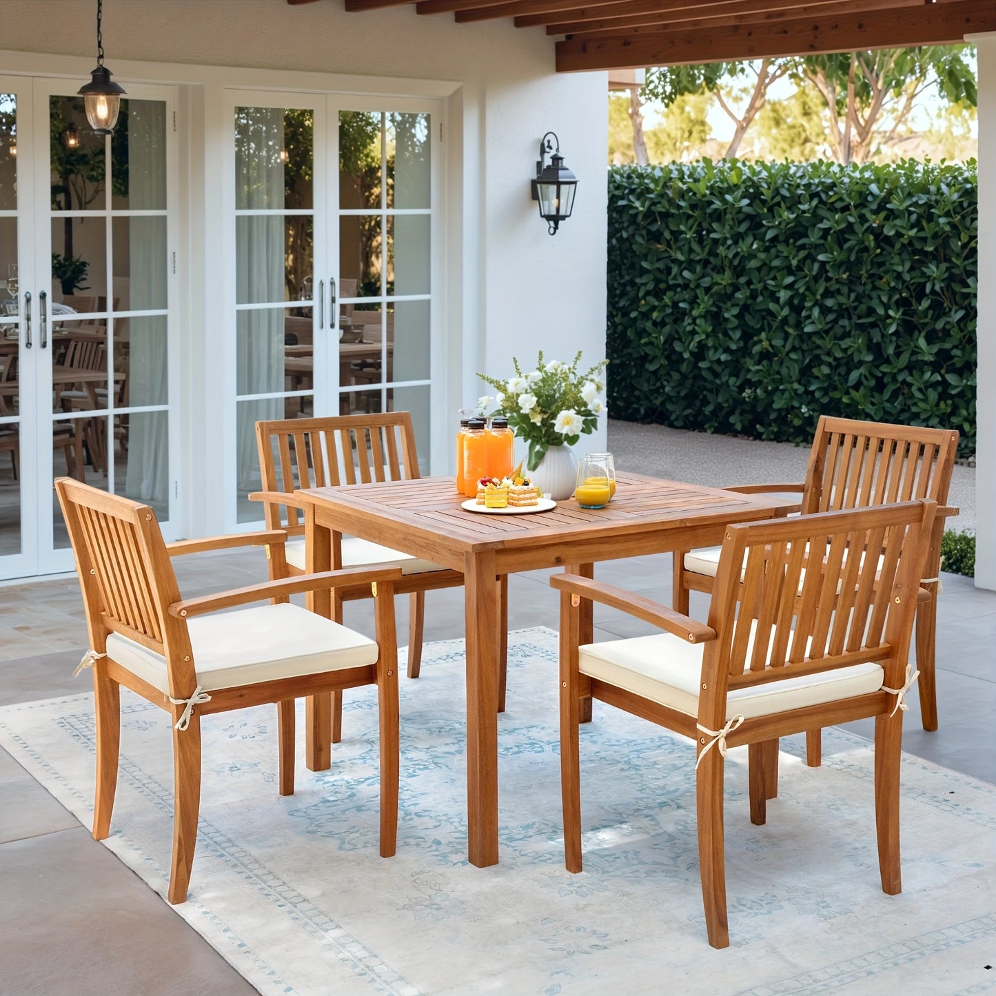 [Acacia Patio Set] 5pcs Acacia Wood Patio Furniture Set Square Table And Chairs with Cushions for 4 People, Burlywood