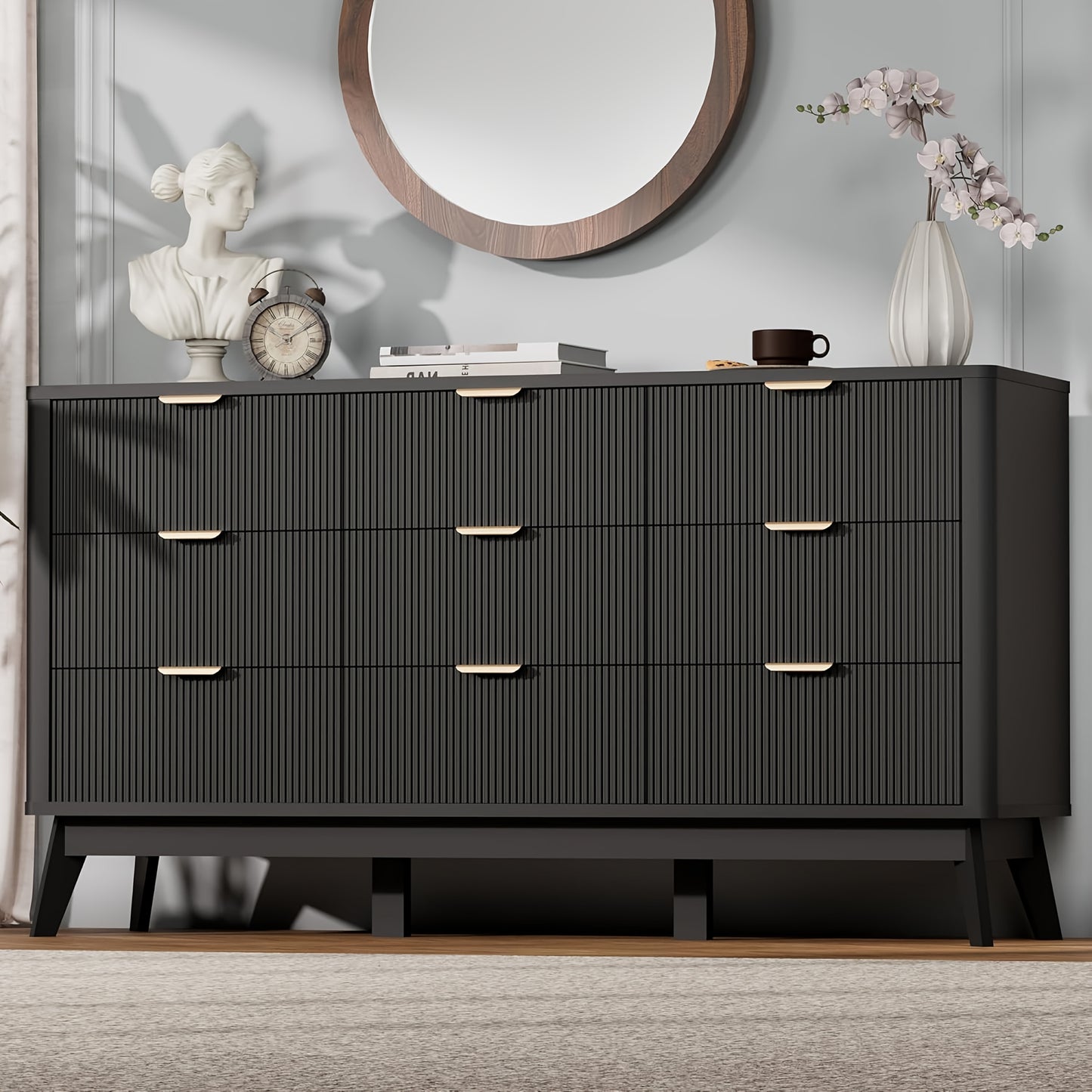 Willow Bend Nine-Drawer Wood Dresser
59″ Mid-Century Inspired Solid Wood Storage Chest