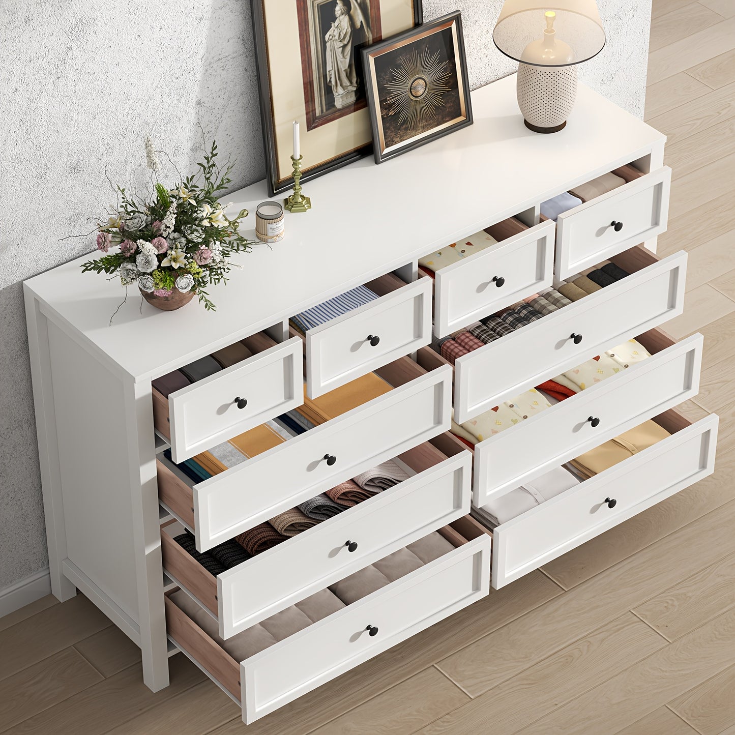 Farmhouse 10 - Drawer Dresser – White Large Storage Chest with Metal Handles & Square Wood Legs | Bedroom & Living Room Cabinet - solid wood furniture by Chic Woods