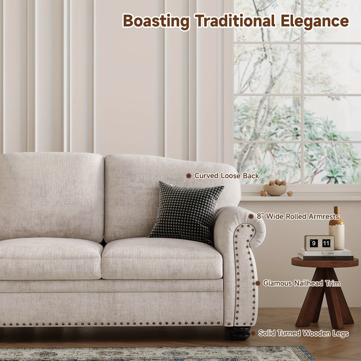 Bradford 90” Traditional Chenille Sofa | Rolled Arms & Nailhead Trim