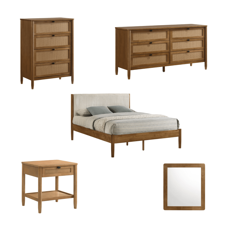 Hemsworth 5 - Piece Bedroom Set – Natural Wood Tone & Upholstered Comfort - solid wood furniture by Chic Woods