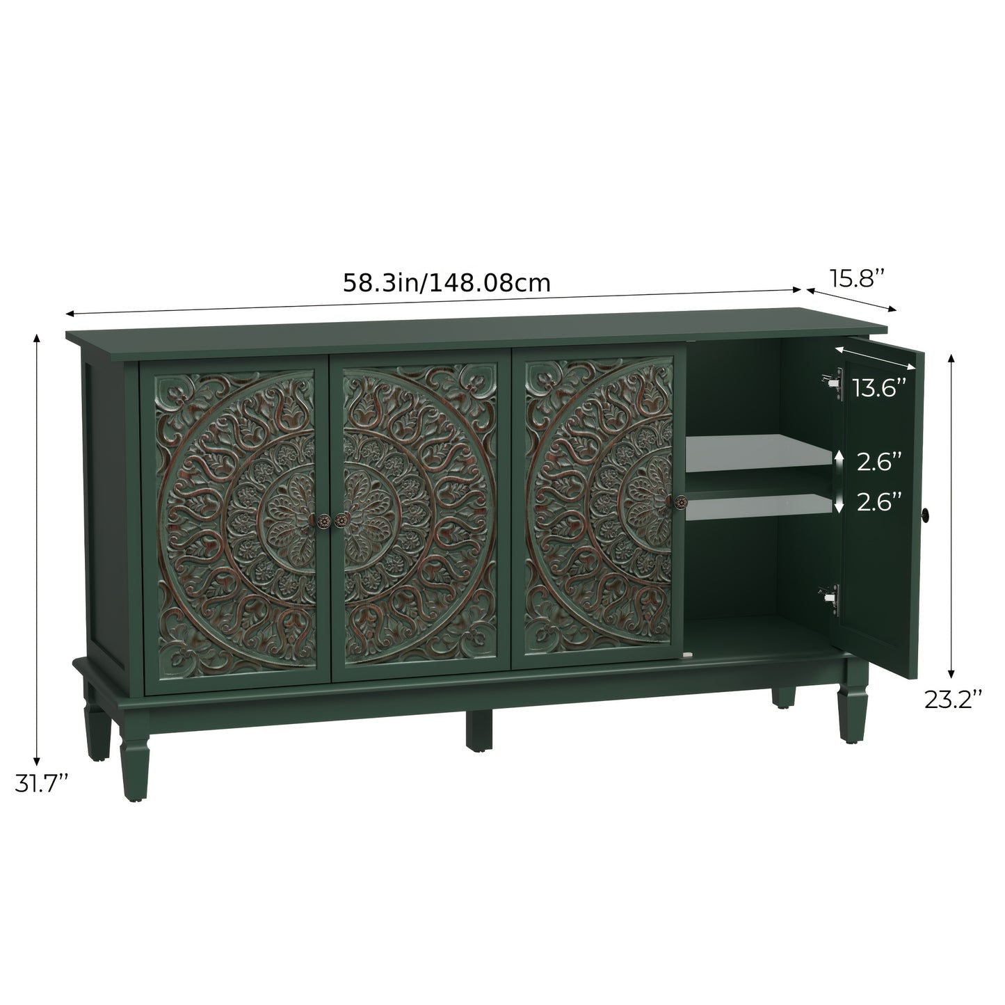 59" Modern Sideboard Buffet Cabinet | Carved and Painted Floral Door Panel, Adjustable Shelves, 4-Door Wood Storage Cabinet Suitable for Entryway, Dining Room, Living Room, Bedroom, TV Console, Hardwood, Assembly Required
