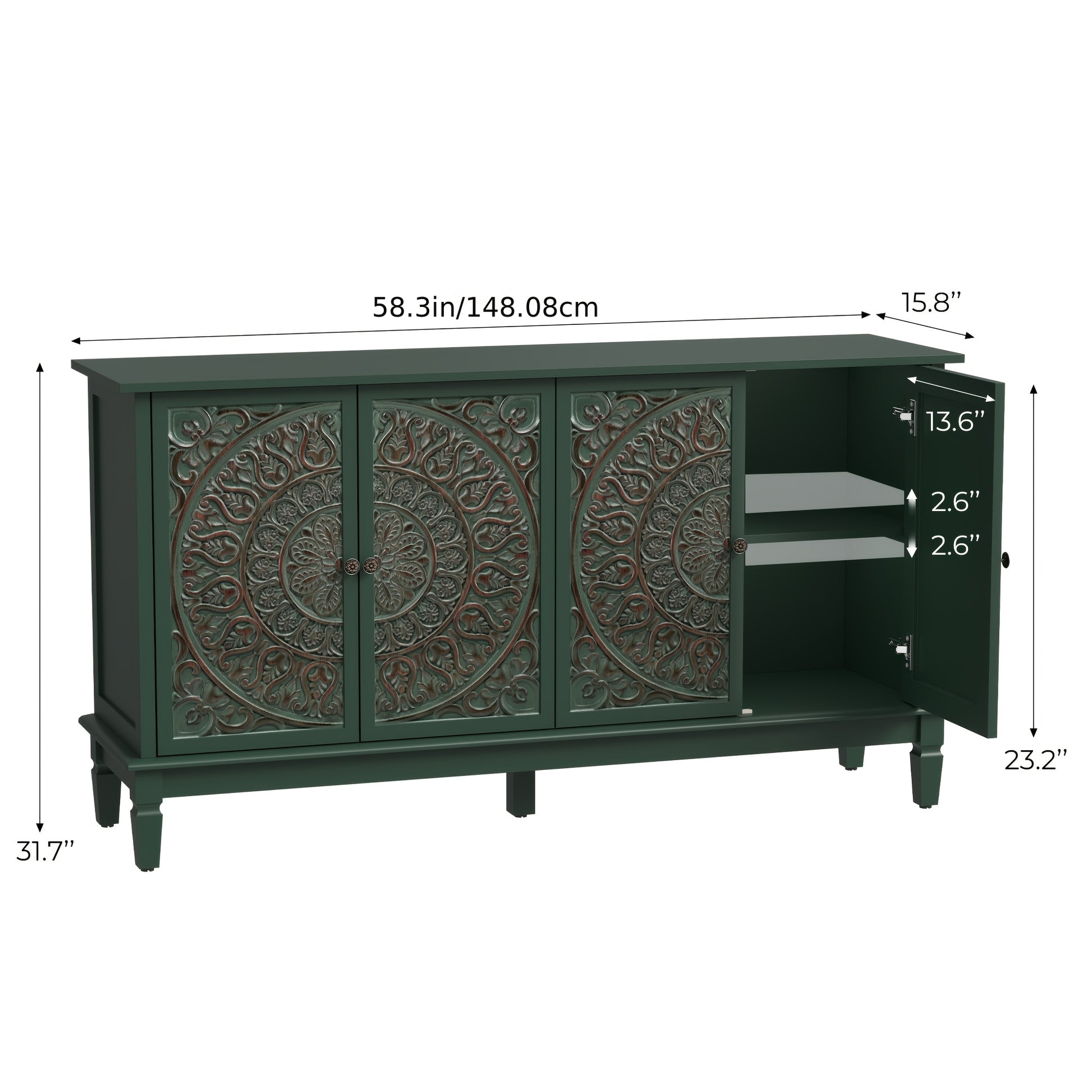 59" Modern Sideboard Buffet Cabinet | Carved and Painted Floral Door Panel, Adjustable Shelves, 4-Door Wood Storage Cabinet Suitable for Entryway, Dining Room, Living Room, Bedroom, TV Console, Hardwood, Assembly Required