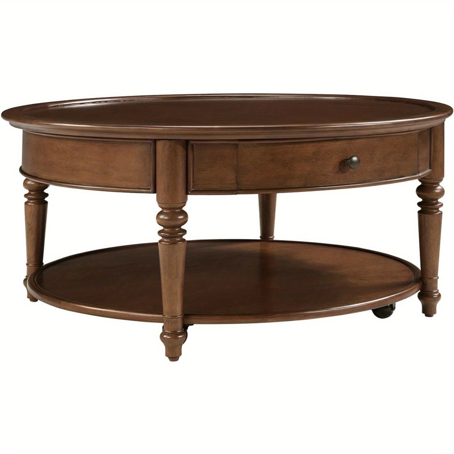 Bennett Round Walnut Coffee Table | 2-Tier with Drawer & Casters