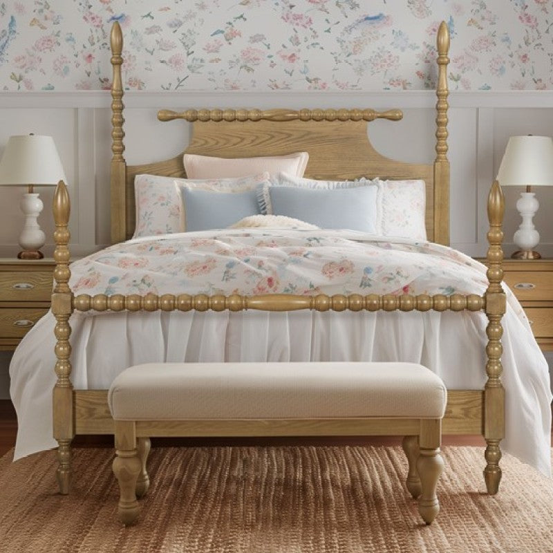 Cambridge Camel Oak Queen Bed | Solid Wood Turned-Post Frame