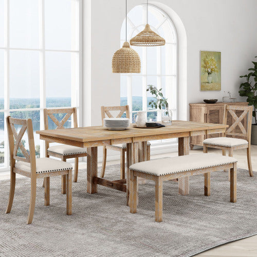 Thompson 6-Piece Farmhouse Dining Set- 82" Extendable Table with Footrest, 4 Upholstered Chairs & Bench, Natural beige Cushions