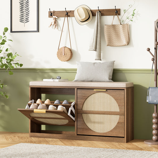 Porter Rattan Entryway Hall Tree | Shoe Storage, Bench & Hooks