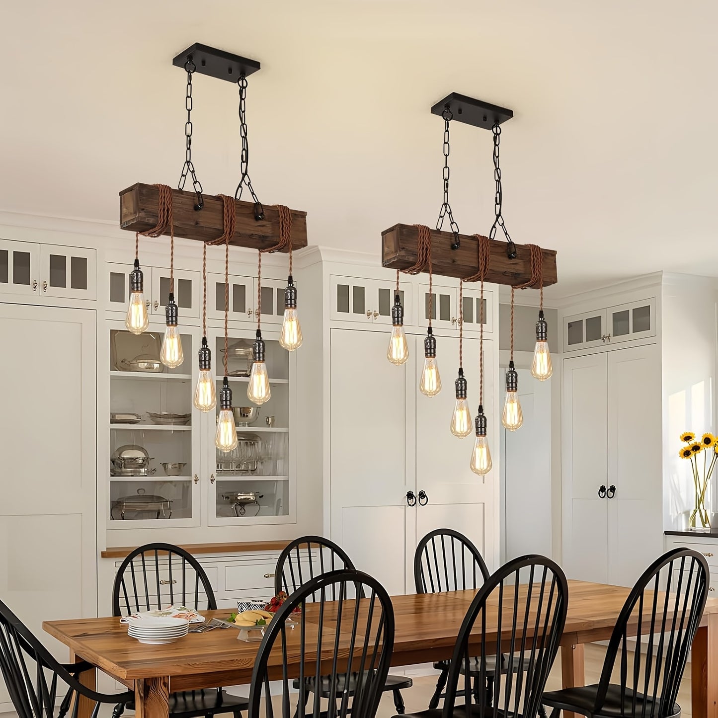 [Rustic | Farmhouse] Rustic 6-Light Farmhouse Chandelier | Adjustable Height Wooden Pendant Light with Metal Sockets | for Kitchen Island, Dining Room, Bar, Pool Table, or Cabin - Warm Ambient Lighting for Cozy Spaces