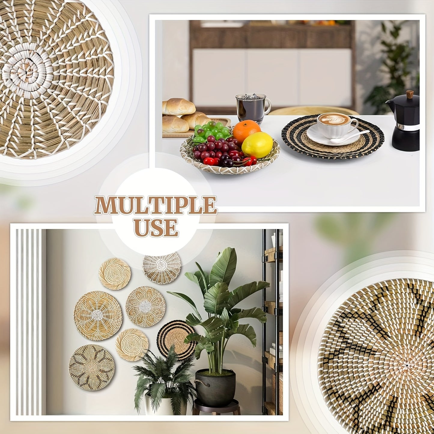 Seagrass Boho Hanging Woven Wall Basket Decor Set
