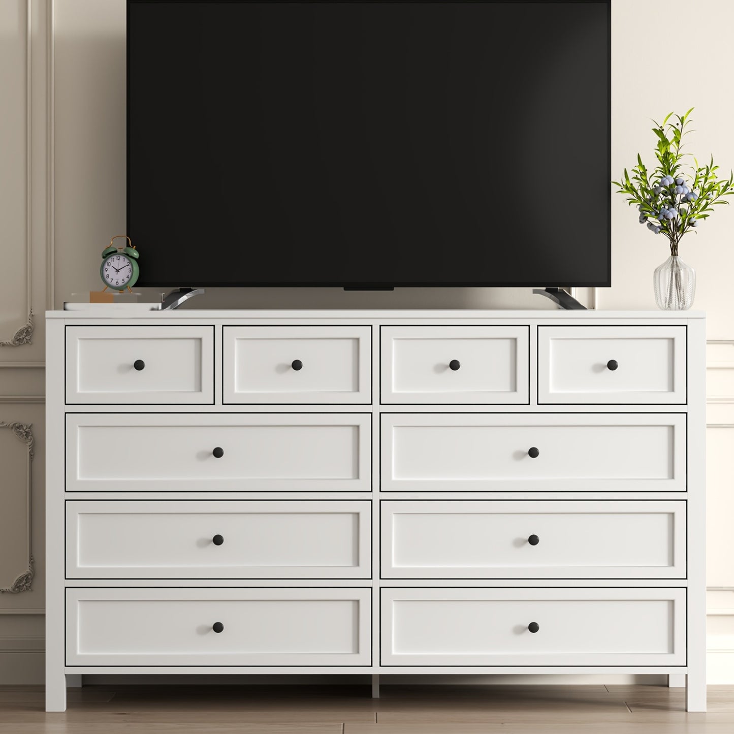 Farmhouse 10 - Drawer Dresser – White Large Storage Chest with Metal Handles & Square Wood Legs | Bedroom & Living Room Cabinet - solid wood furniture by Chic Woods