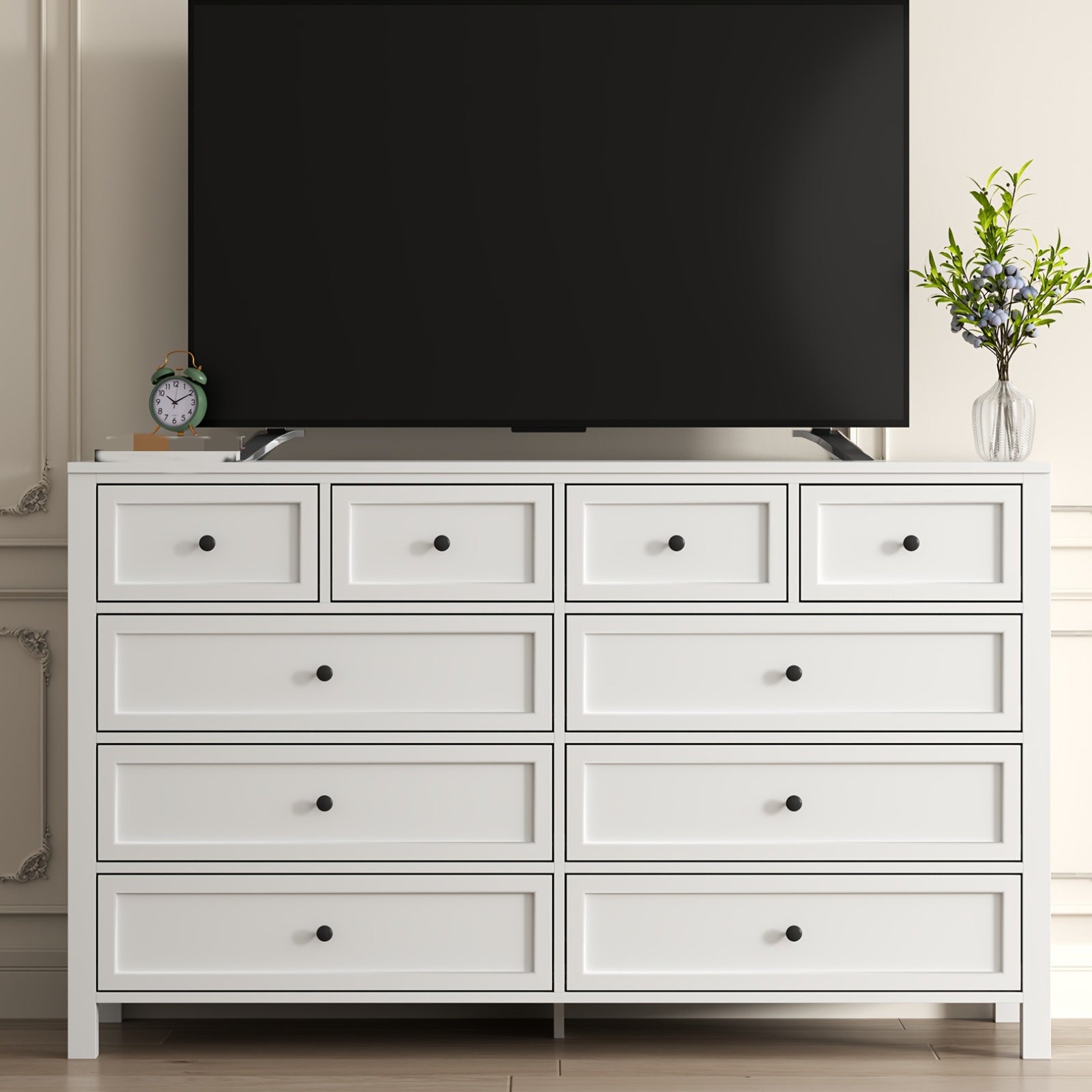 Farmhouse 10 - Drawer Dresser – White Large Storage Chest with Metal Handles & Square Wood Legs | Bedroom & Living Room Cabinet - solid wood furniture by Chic Woods