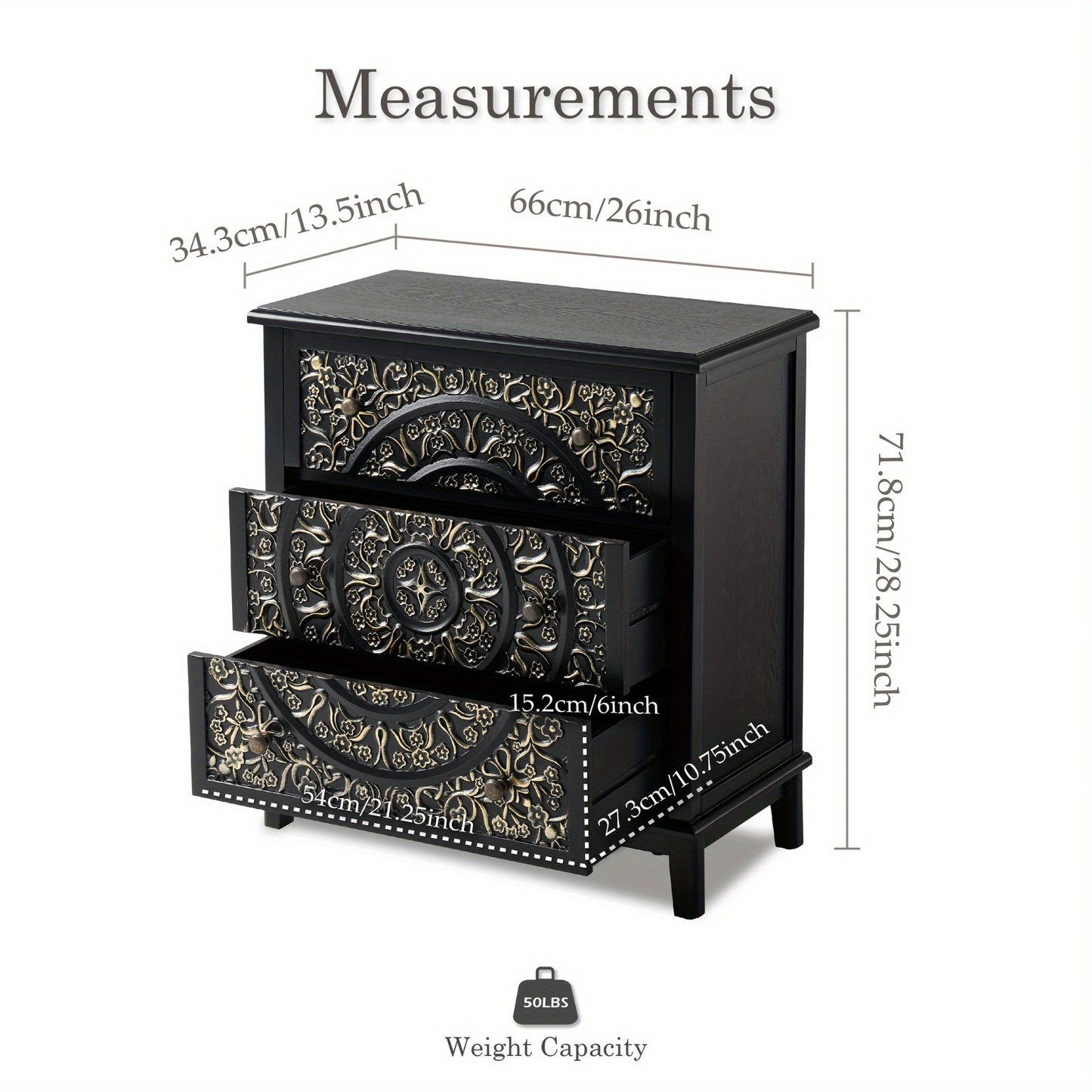 Rustic Farmhouse 3-Drawer Dresser with Floral Motif