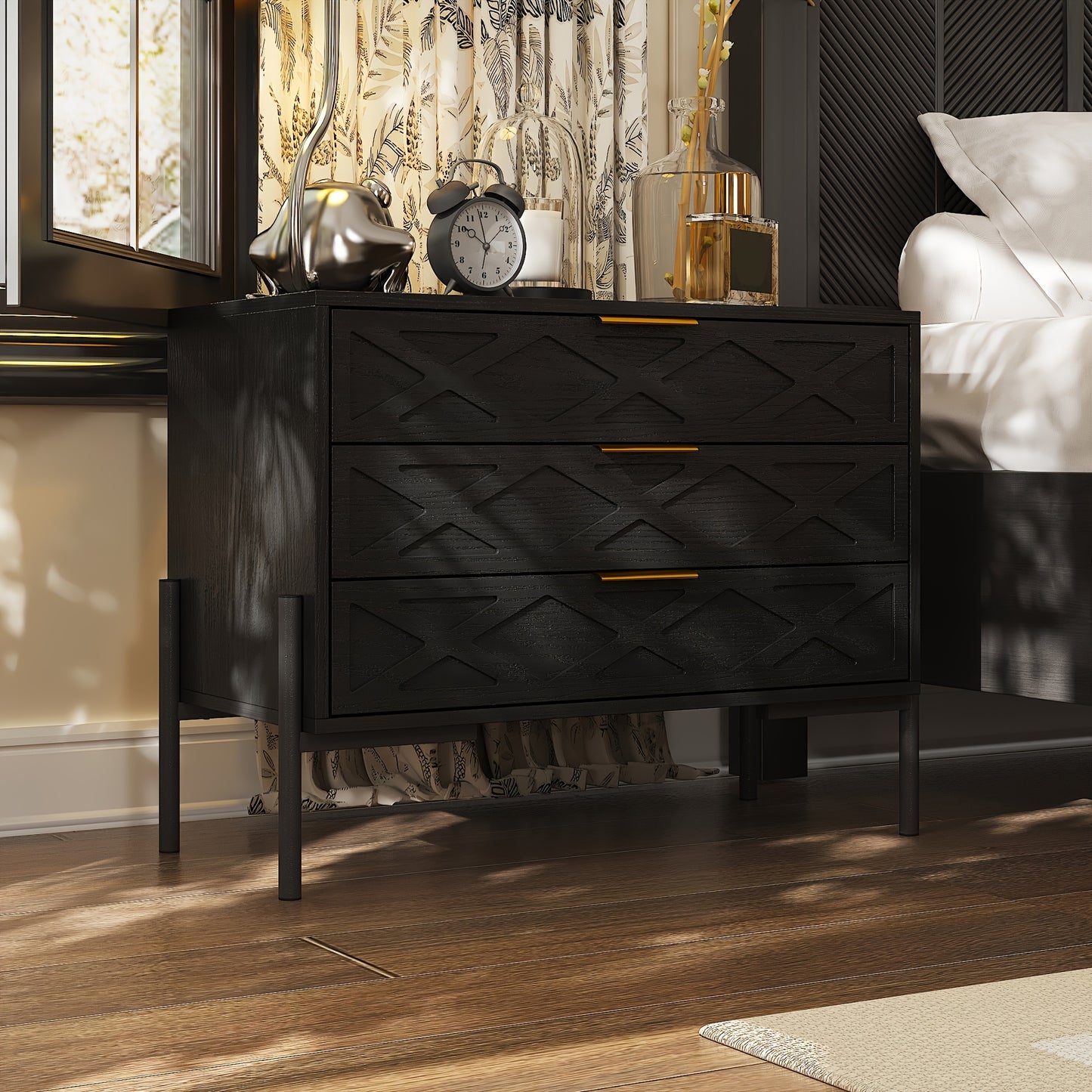 Modern 3-Drawer Nightstand with Metal Hardware