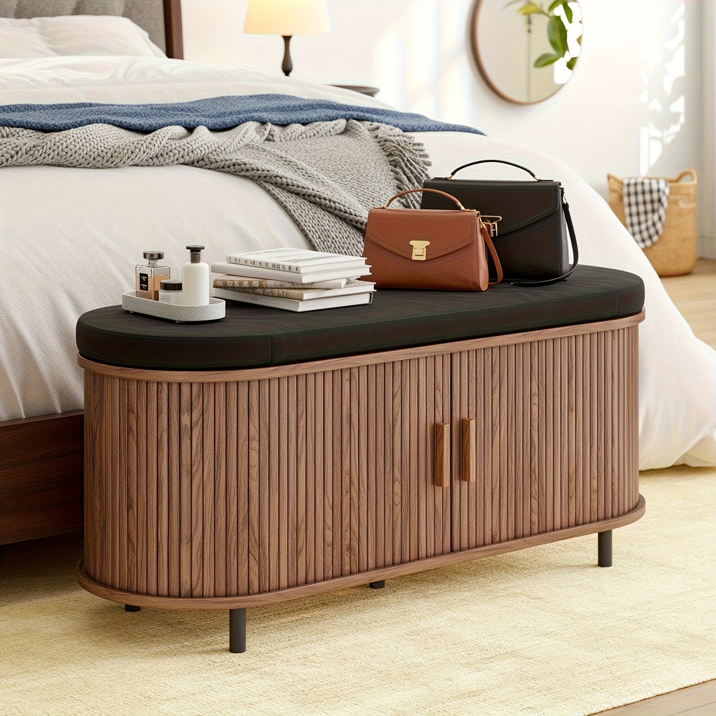 Arlington Walnut Entryway Bench with Sliding Door Shoe Storage