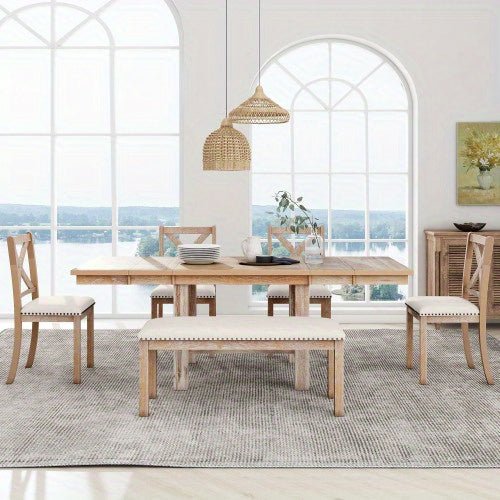 Thompson 6 - Piece Farmhouse Dining Set - 82" Extendable Table with Footrest, 4 Upholstered Chairs & Bench, Natural beige Cushions - solid wood furniture by Chic Woods