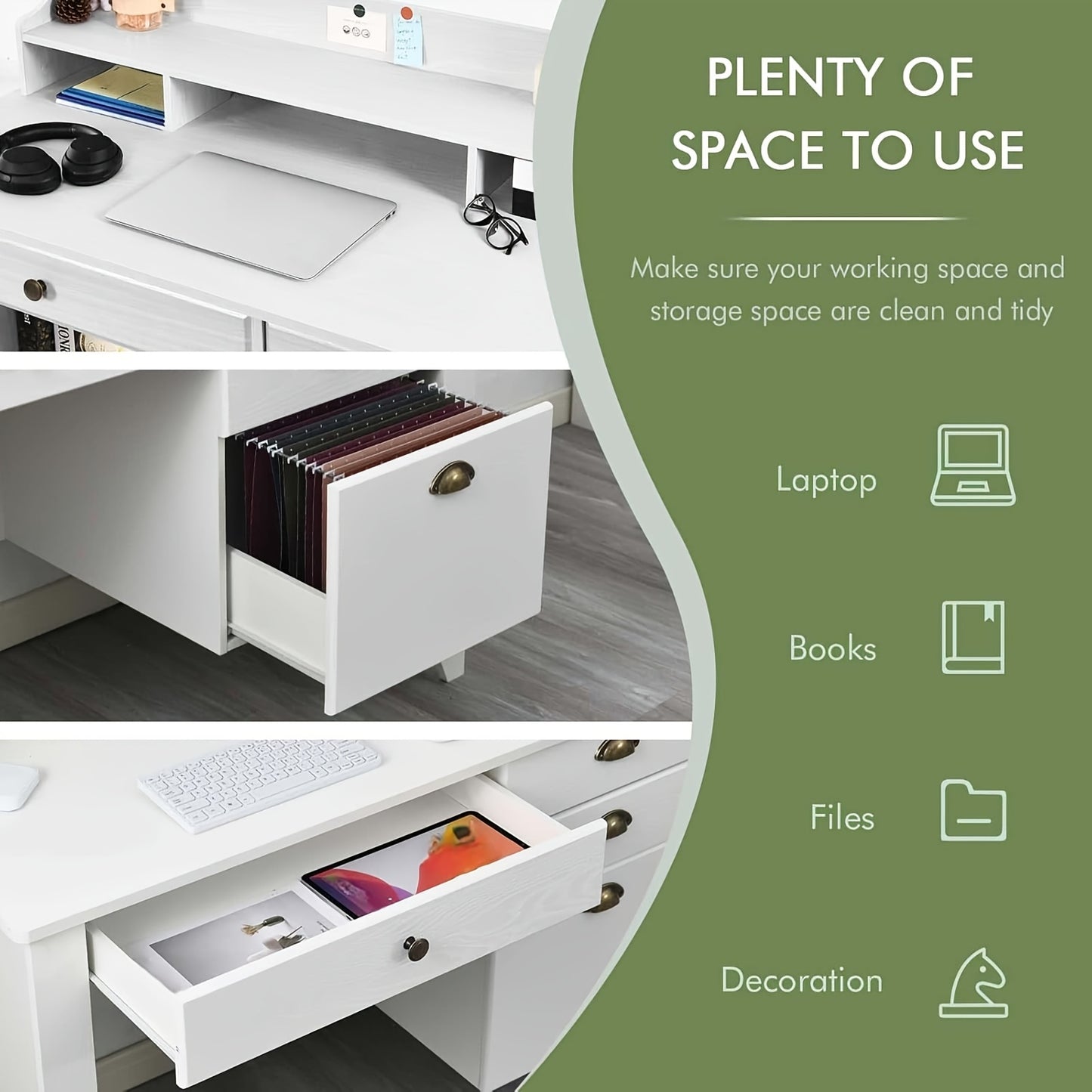 Chic Woods Home Collection — 47” Modern Home Office Desk with File Drawer & Elevated Monitor Shelf (Black + White) - solid wood furniture by Chic Woods