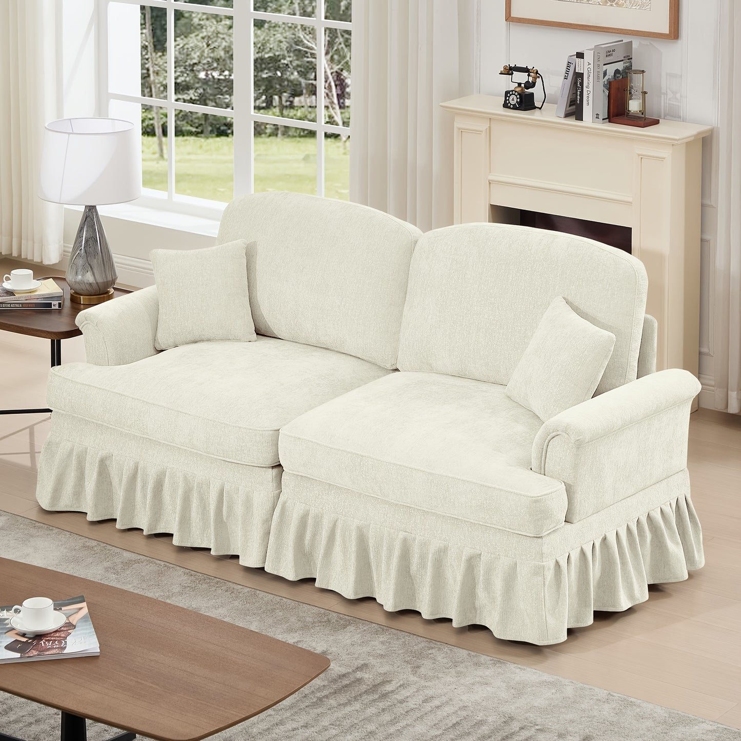76.4 Inch Chenille Modular Sectional Sofa - 2-Seat L-Shaped Couch with Detachable Ruffled Skirt, Plush Foam Cushions & Hardwood Frame, Comfy Deep Seat, Retro Modern Design for Living Room & Apartment, Easy Assembly, Durable &