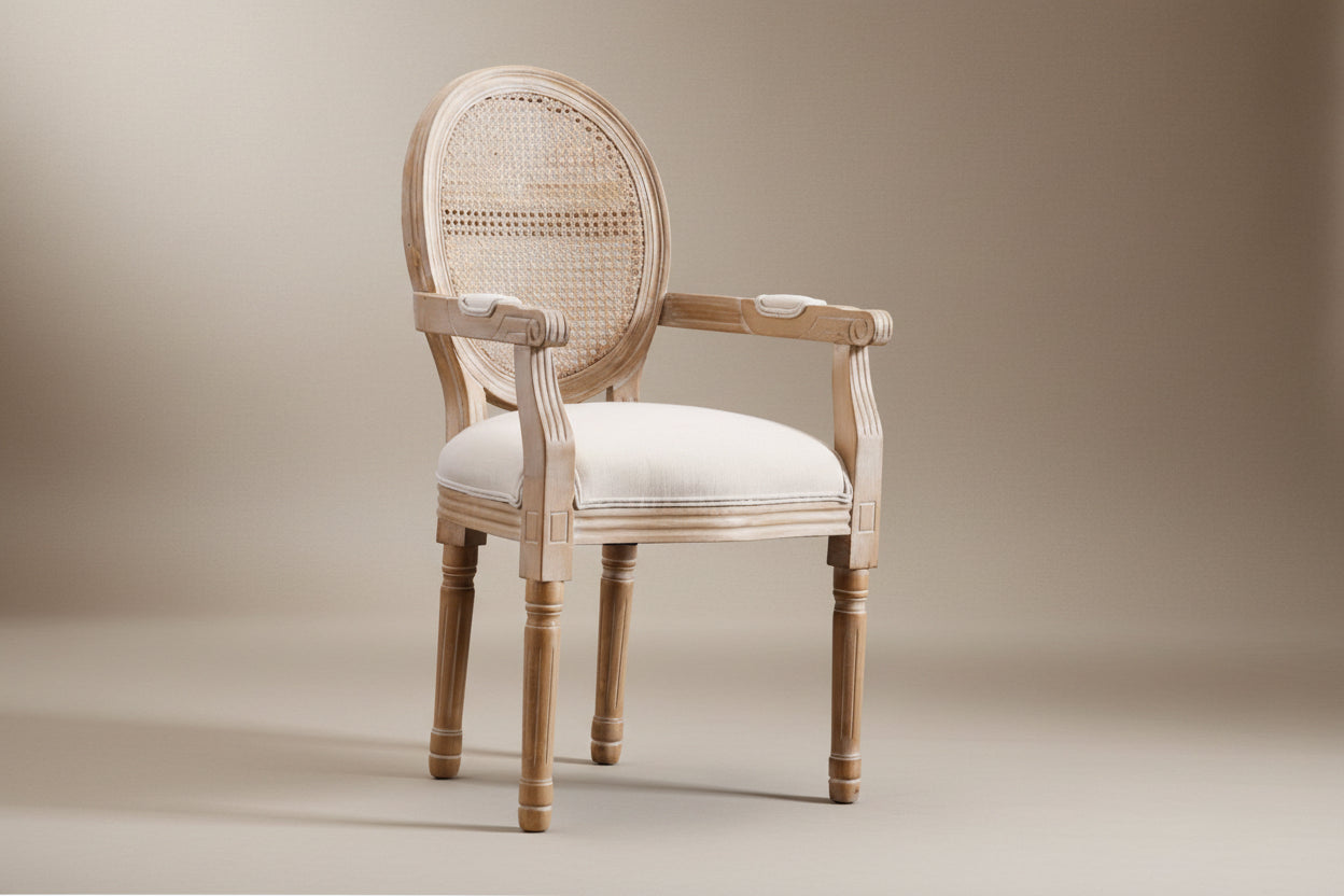 Rattan Cane Round-Back Arm Chairs — Set of Two