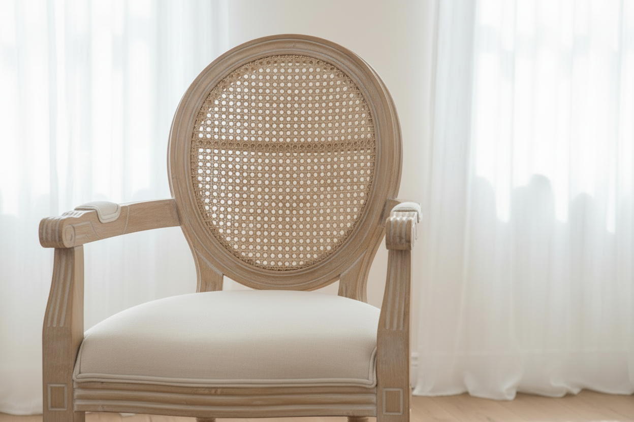 Rattan Cane Round-Back Arm Chairs — Set of Two