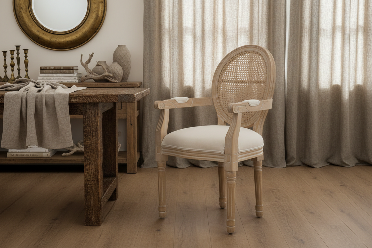 The Coletta Cane Back Dining Armchairs – Upholstered Solid Wood Armchairs (Set of 2)