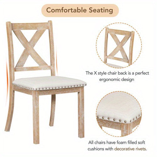 Thompson 6-Piece Farmhouse Dining Set- 82" Extendable Table with Footrest, 4 Upholstered Chairs & Bench, Natural beige Cushions