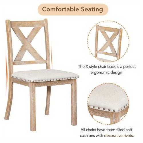 Thompson 6 - Piece Farmhouse Dining Set - 82" Extendable Table with Footrest, 4 Upholstered Chairs & Bench, Natural beige Cushions - solid wood furniture by Chic Woods