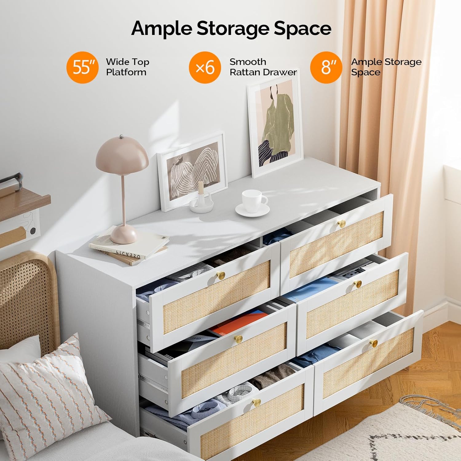 The Willow Bend 6 - Drawer Rattan Dresser — White - solid wood furniture by Chic Woods