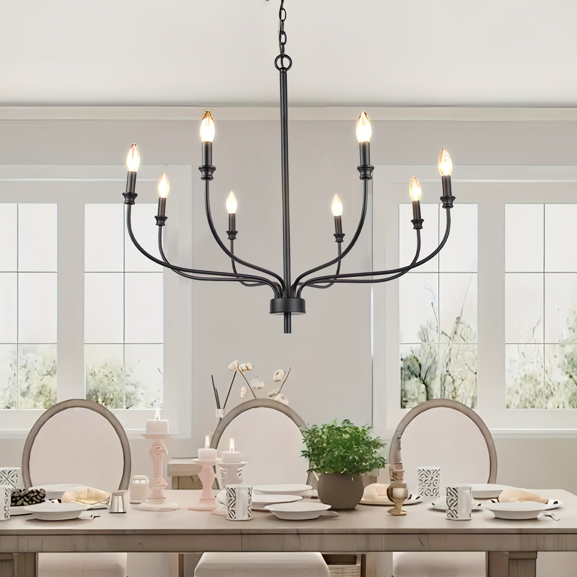 Modern Black Chandelier, 8-Light Farmhouse Chandelier For Dining Room Light Fixtures, Industrial Metal Candle Chandelier For Kitchen Island Bedroom