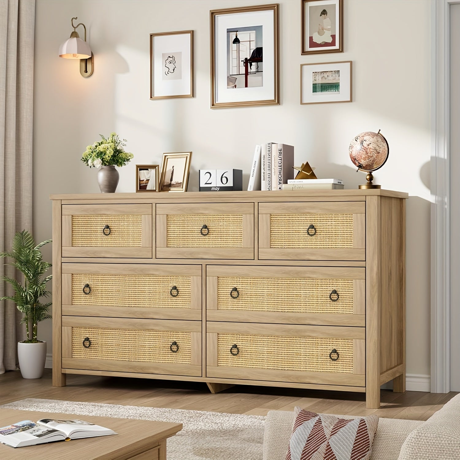 Hawthorn Cane - Front 7 - Drawer Dresser – Neutral Storage Chest - solid wood furniture by Chic Woods