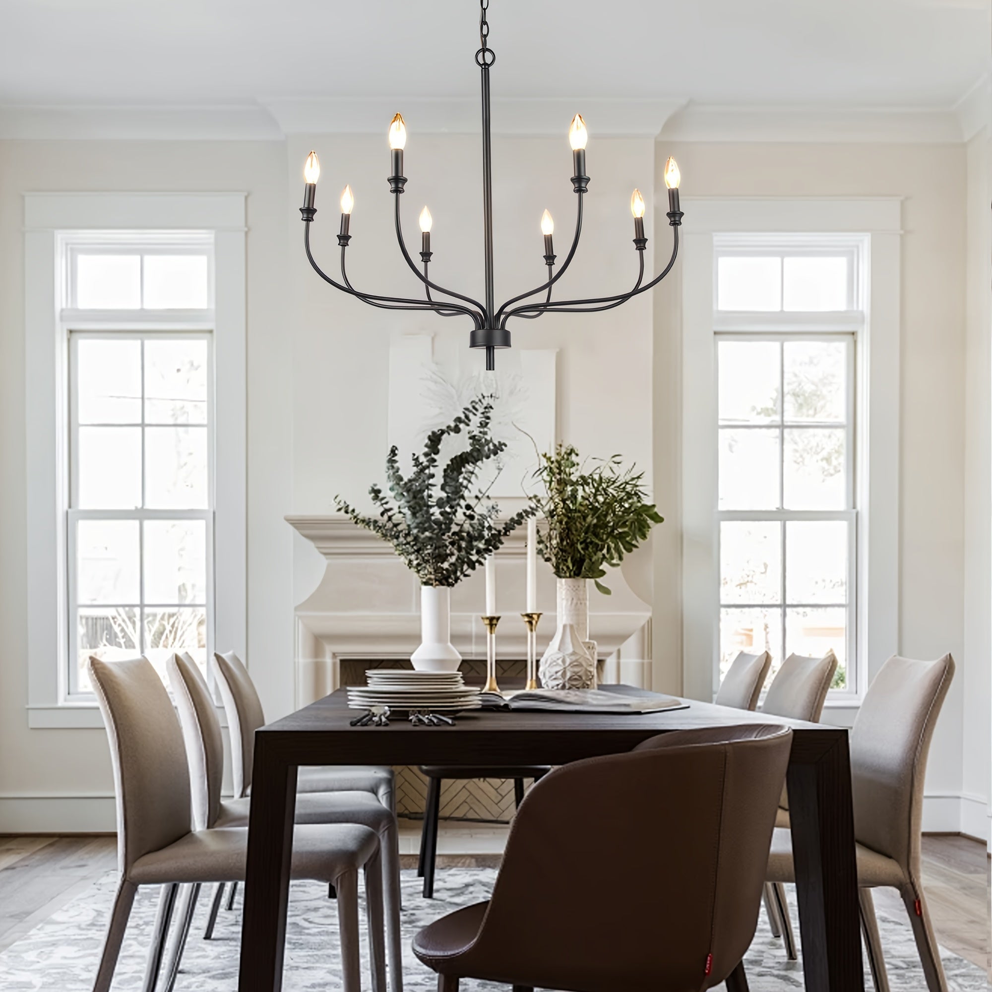 Modern Black Chandelier, 8-Light Farmhouse Chandelier For Dining Room Light Fixtures, Industrial Metal Candle Chandelier For Kitchen Island Bedroom