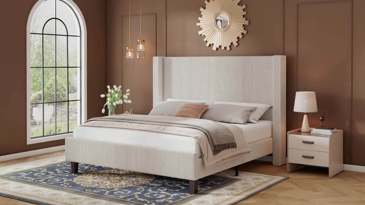 Upholstered Wingback Platform Bed Frame