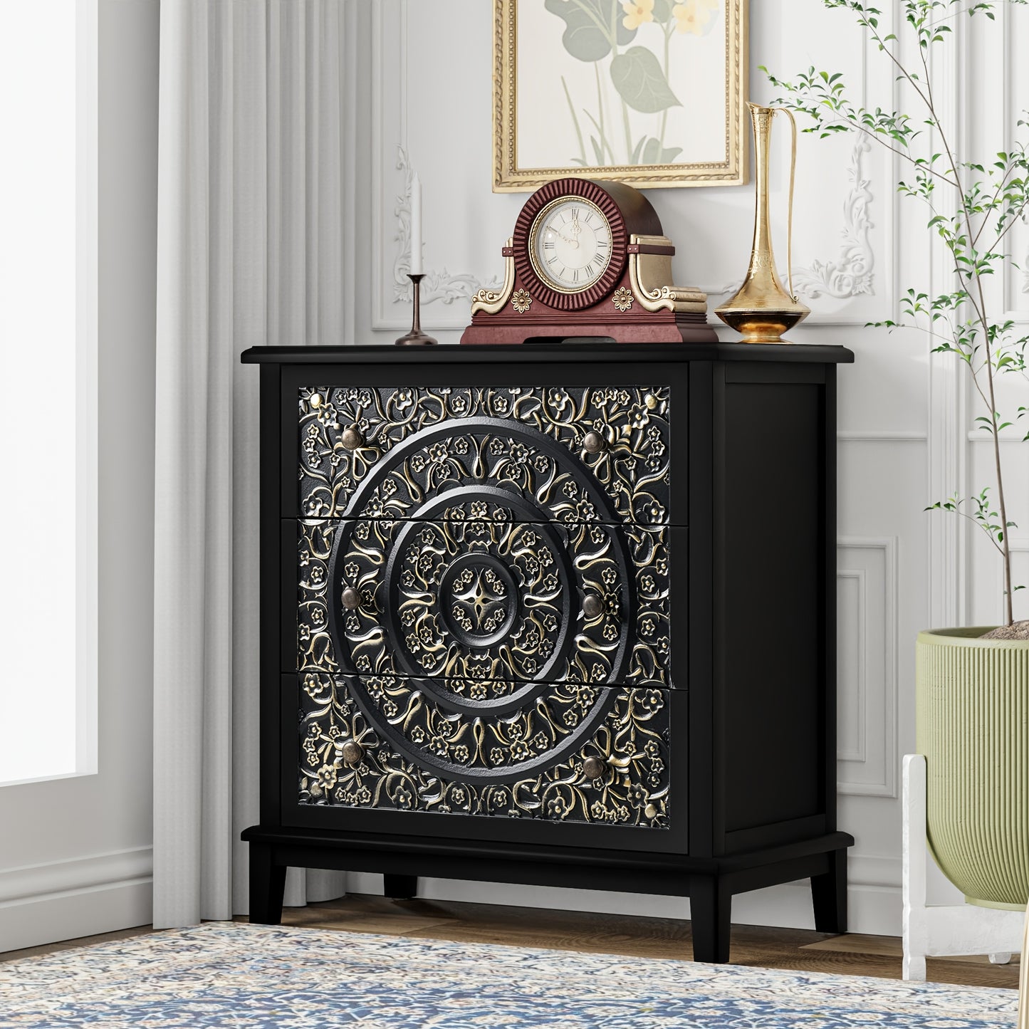 Rustic Farmhouse 3-Drawer Dresser with Floral Motif