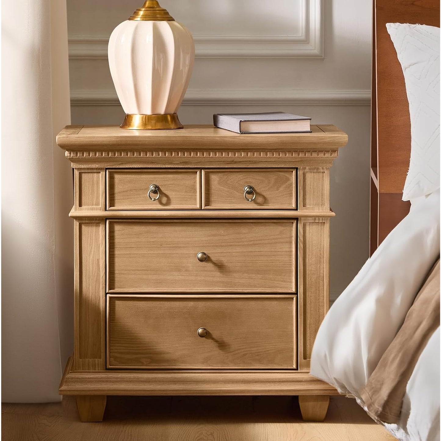 Walnut Nightstand with Charging Station & 3 Drawers