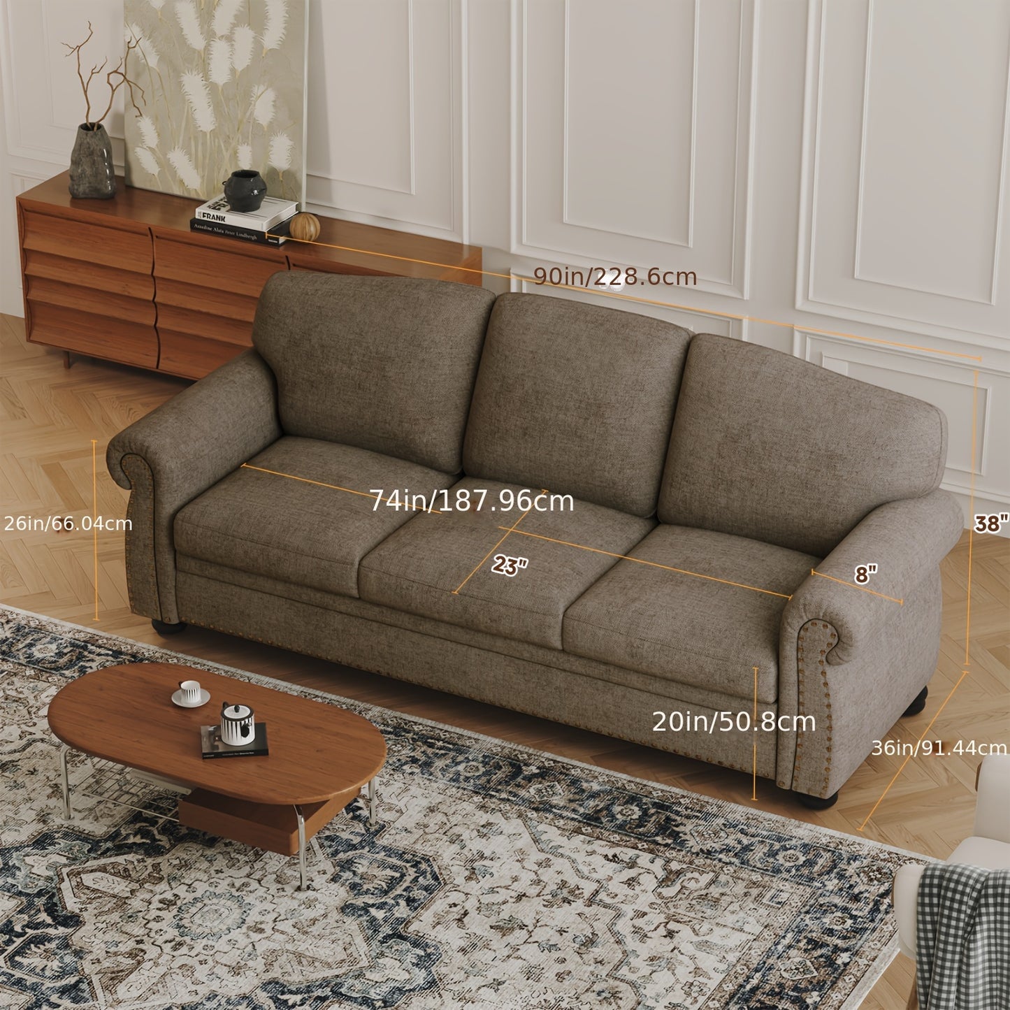 Bradford 90” Traditional Chenille Sofa | Rolled Arms & Nailhead Trim