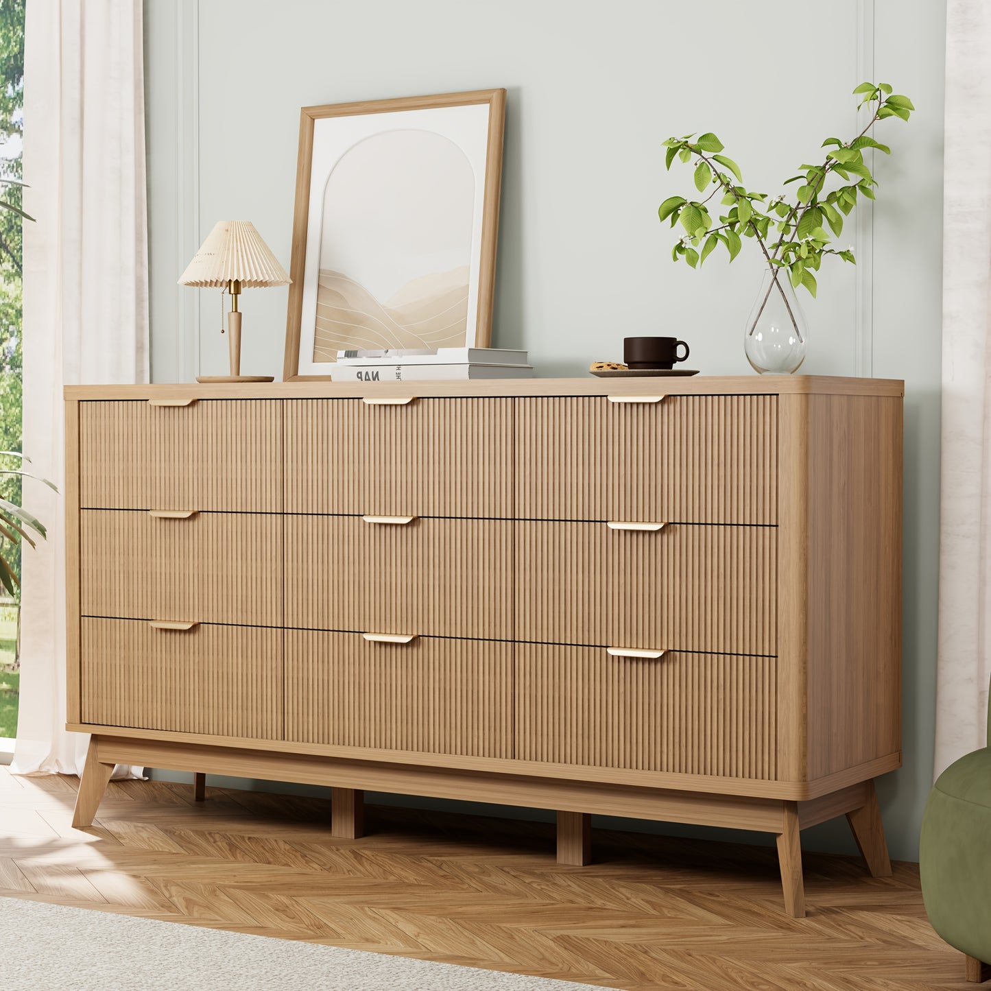 Willow Bend Nine-Drawer Wood Dresser
59″ Mid-Century Inspired Solid Wood Storage Chest