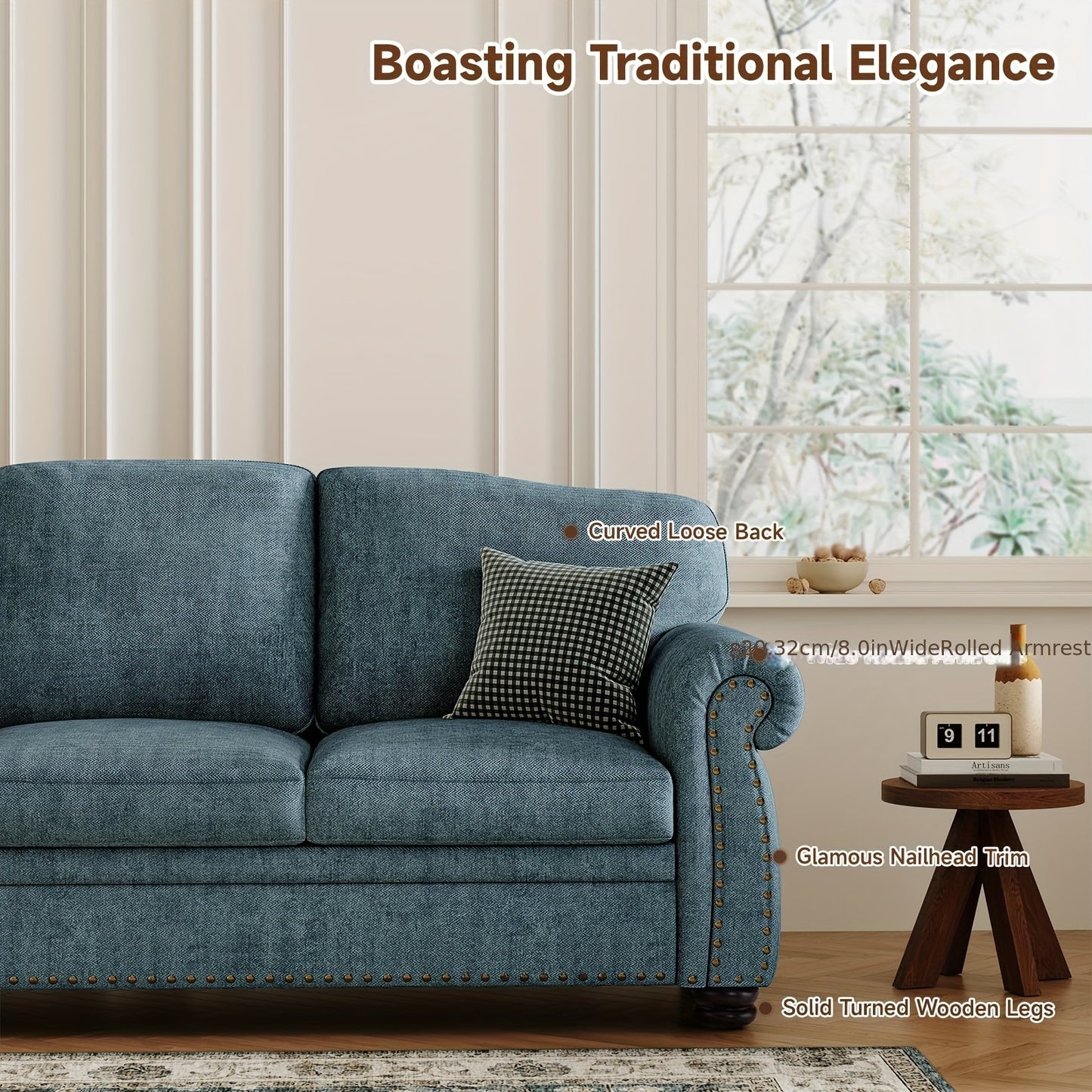 Bradford 90” Traditional Chenille Sofa | Rolled Arms & Nailhead Trim
