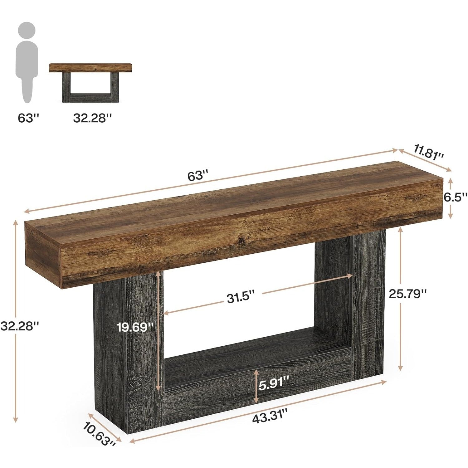 63" Farmhouse 2-Tier Entryway Table